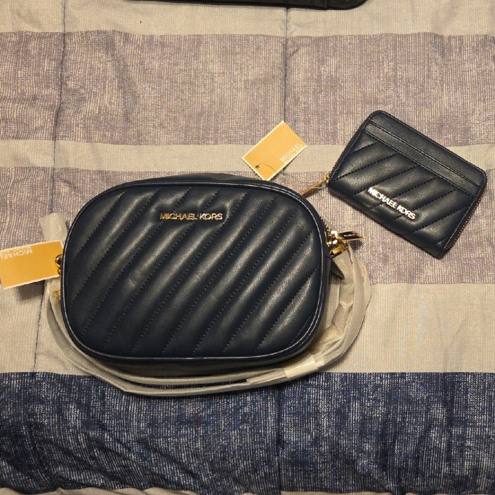 Michael Kors Dark Blue Quilted Bag and Card Holder